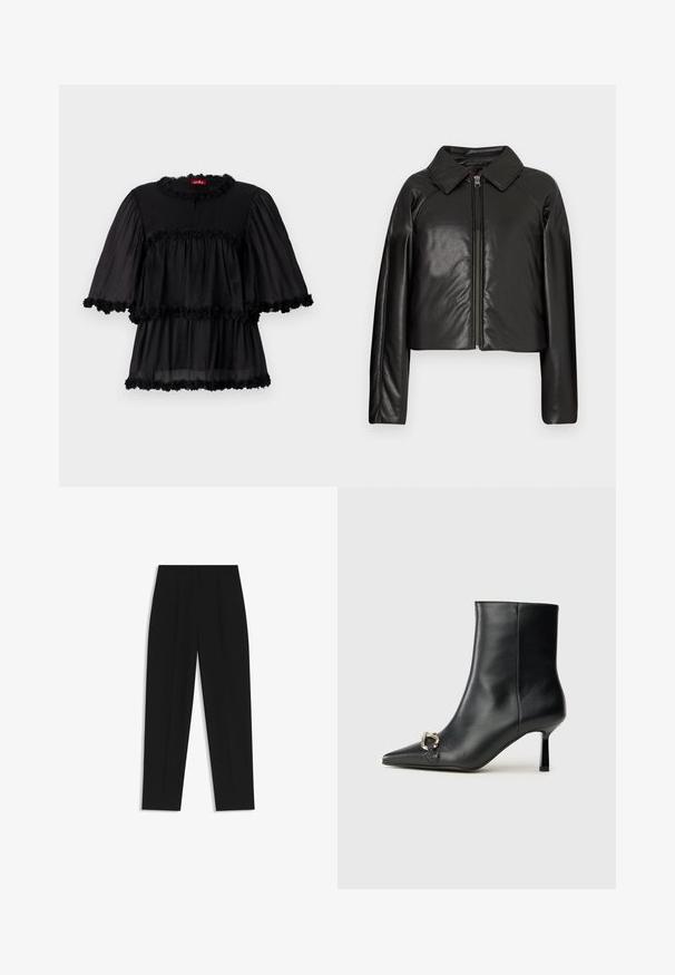 Black faux leather cropped jacket with a collared neckline and zip closure. Features long sleeves and smooth, glossy texture.; Black lightweight blouse featuring a round neckline, short puff sleeves, and three tiered ruffles adorned with a floral trim.; Black trousers with a straight fit, featuring double pleats, a smooth texture, and a classic waistband design. No visible hardware or accents.; Black leather ankle boot with pointed toe, slim mid-height heel, and silver buckle detail on side against plain background.