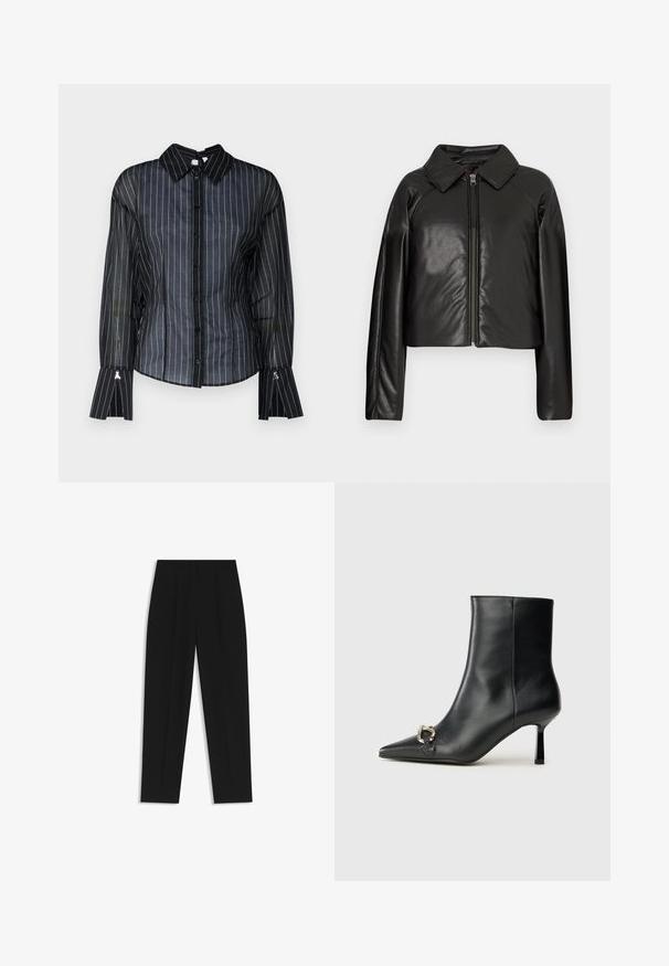 Zwarte faux leren cropped jack met een kraag en ritssluiting. Heeft lange mouwen en een soepele, glanzende textuur.; Zwarte doorschijnende blouse met witte verticale strepen, klassieke kraag, knopenfront en uitlopende mouwen. Glad textuur met subtiele glans.; Zwarte broeken met een rechte pasvorm, voorzien van dubbele plooien, een zachte textuur en een klassiek taillebandontwerp. Geen zichtbare hardware of accenten.; Zwarte leren enkelboot met spitse neus, slanke middenhoge hak en zilveren gespdetail aan de zijkant op een effen achtergrond.