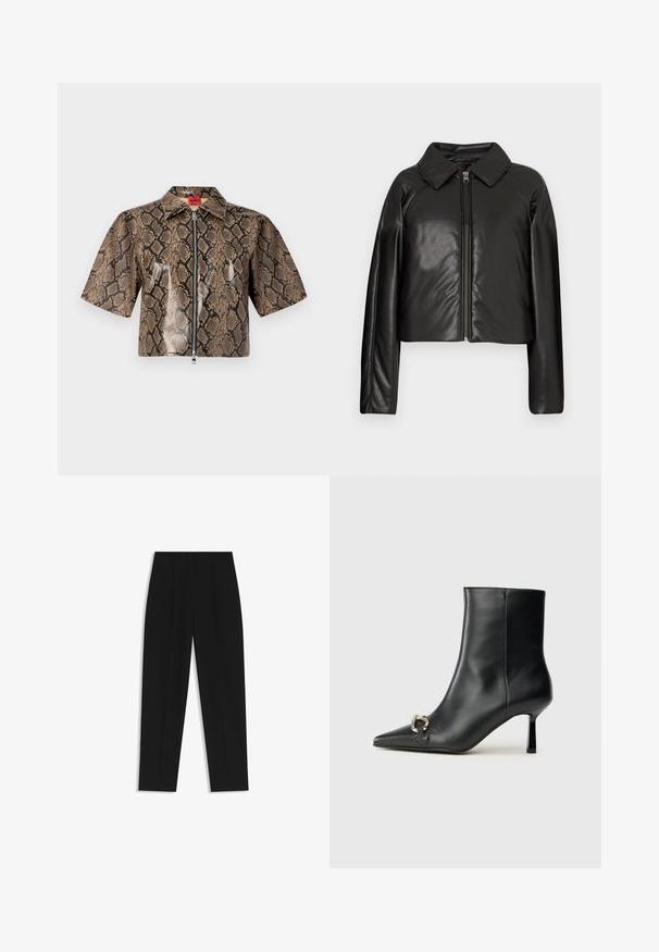 Sort kunstlæder cropped jakke med krave og lynlåslukning. Har lange ærmer og en glat, blank tekstur.; Kortærmet, cropped jakke med brun og sort slangeskinds mønster, frontlynlås og spidse krave.; Sorte bukser med lige pasform, der har dobbelte folder, en glat tekstur og et klassisk taljedesign. Ingen synlige hardware eller accenter.; Sort læder ankelstøvle med spidse tæer, slank hæl i mellemhøjde og sølvspænde detaljer på siden mod en ensfarvet baggrund.