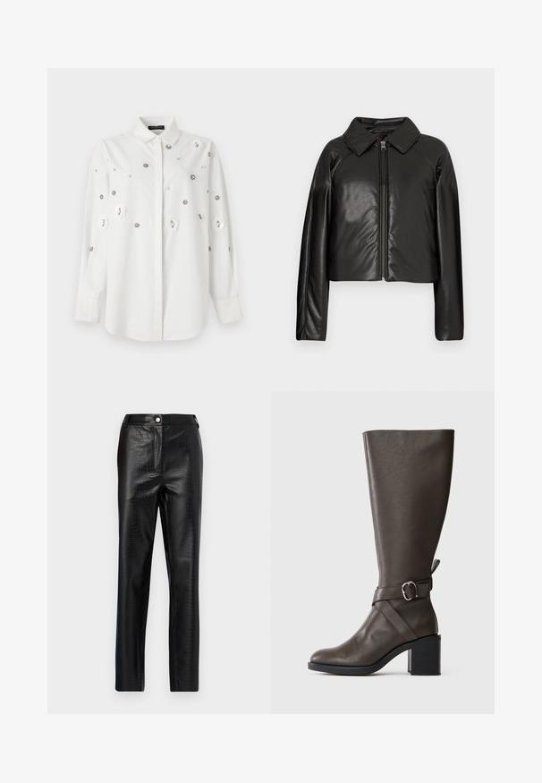 Jachetă cropped din faux leather negru, cu guler și închidere cu fermoar. Prezintă mâneci lungi și o textură netedă, lucioasă.; Cămașă albă cu mâneci lungi și guler, cu aplicații florale și paiete decorative. Material neted, cu un croi ajustat.; Pantaloni din piele ecologică negri cu model de crocodil, fit slim, design drept, având închidere cu nasture în față și talie standard.; Cizma din piele de culoare maro închis, până la genunchi, cu un toc bloc de dimensiune medie și o curea decorativă cu cataramă din argint în jurul gleznei.
