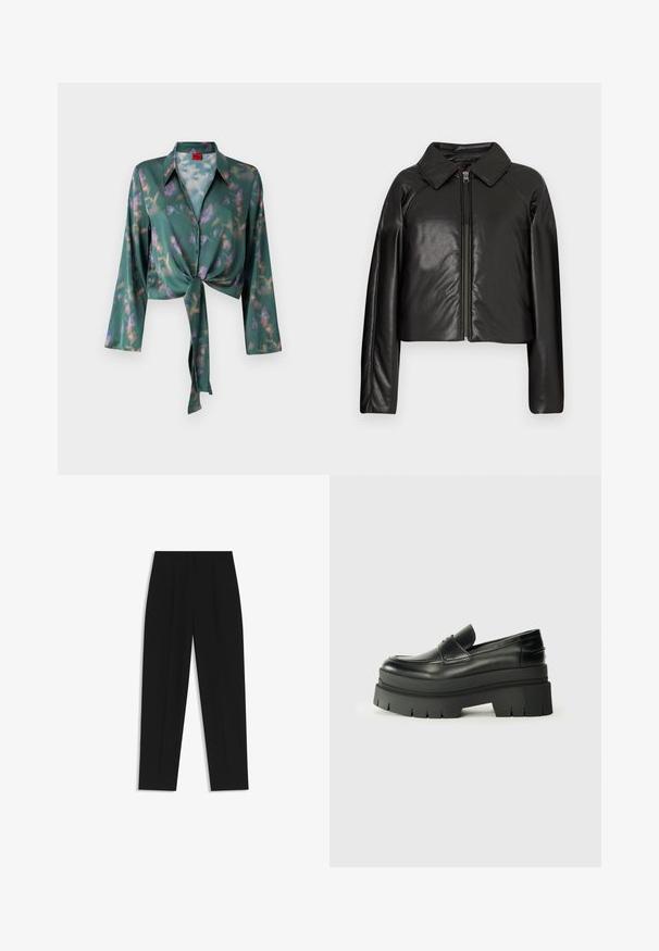 Black faux leather cropped jacket with a collared neckline and zip closure. Features long sleeves and smooth, glossy texture.; Green tie-front blouse with long sleeves, glossy texture, featuring a floral pattern in purple and pink tones. Button-down closure.; Black trousers with a straight fit, featuring double pleats, a smooth texture, and a classic waistband design. No visible hardware or accents.; Black leather loafers with a chunky platform sole. Rounded toe, front seam detail, and subtle stitching accents. Flat, textured outsole.