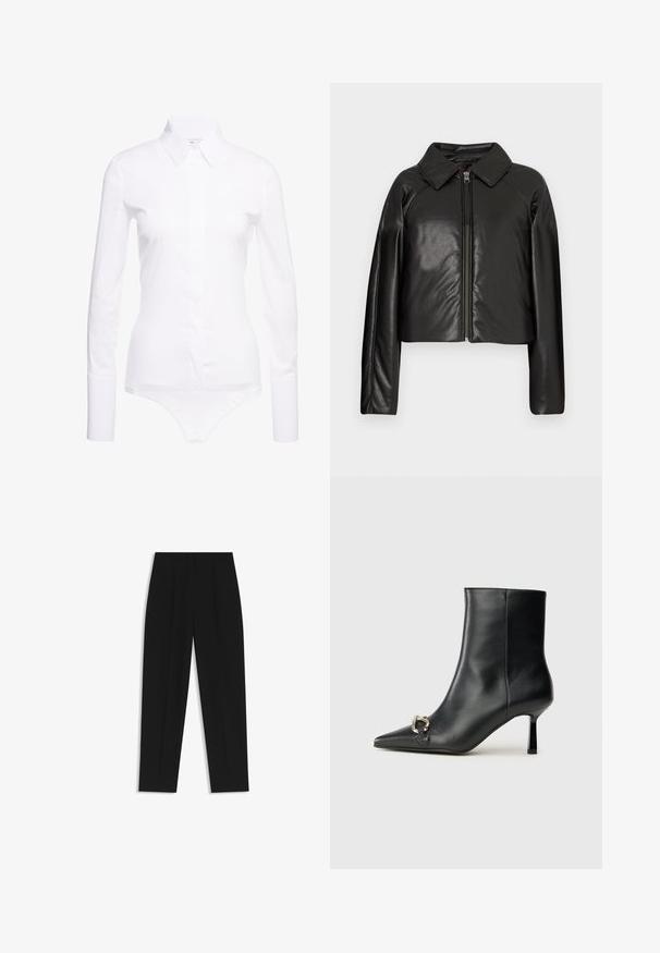 Black faux leather cropped jacket with a collared neckline and zip closure. Features long sleeves and smooth, glossy texture.; White long-sleeve bodysuit with a pointed collar, front button closure, and smooth, stretchy fabric. Fitted silhouette, minimalist design.; Black trousers with a straight fit, featuring double pleats, a smooth texture, and a classic waistband design. No visible hardware or accents.; Black leather ankle boot with pointed toe, slim mid-height heel, and silver buckle detail on side against plain background.