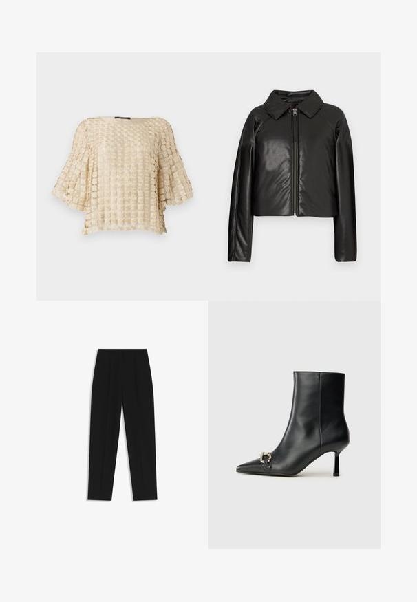 Giacca cropped nera in ecopelle con colletto e chiusura a zip. Caratterizzata da maniche lunghe e una texture liscia e lucida.; Blusa beige con un motivo floreale testurizzato, caratterizzata da maniche ampie e scollo rotondo. Realizzata in un tessuto leggero e ricamato.; Pantaloni neri a taglio dritto, con doppie pieghe, una texture liscia e un design classico in vita. Nessun hardware o dettaglio visibile.; Stivale alla caviglia in pelle nera con punta affusolata, tacco sottile di media altezza e dettaglio in fibbia argentata sul lato, su sfondo semplice.