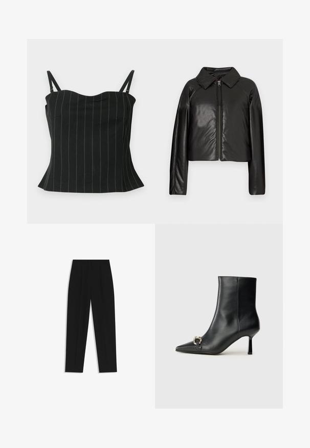 Zwarte faux leren cropped jack met een kraag en ritssluiting. Heeft lange mouwen en een soepele, glanzende textuur.; Zwarte camisole-top met dunne verticale strepen, heeft spaghettibandjes, een hartvormige halslijn en een uitlopende zoom aan de onderkant.; Zwarte broeken met een rechte pasvorm, voorzien van dubbele plooien, een zachte textuur en een klassiek taillebandontwerp. Geen zichtbare hardware of accenten.; Zwarte leren enkelboot met spitse neus, slanke middenhoge hak en zilveren gespdetail aan de zijkant op een effen achtergrond.