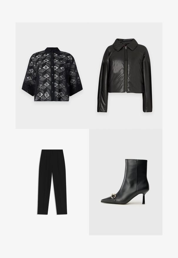 Schwarze Kunstleder-Cropped-Jacke mit Kragen und Reißverschluss. Mit langen Ärmeln und glatter, glänzender Textur.; Schwarzes, transparentes Hemd mit geometrischem Muster und dem "HUGO"-Logo, kurzen Ärmeln und Kragen mit Knopfschluss.; Schwarze Hose mit geradem Schnitt, doppelten Falten, einer glatten Textur und einem klassischen Bunddesign. Keine sichtbaren Beschläge oder Akzente.; Schwarze Leder-Stiefelette mit spitzer Zehe, schlankem, mittelhohem Absatz und silberner Schnalle seitlich vor einem schlichten Hintergrund.
