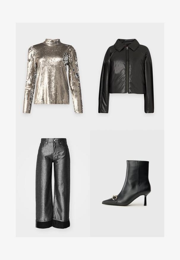 Czarna krótka kurtka z sztucznej skóry z kołnierzykiem i zapięciem na zamek. Posiada długie rękawy oraz gładką, błyszczącą fakturę.; Długi rękaw, bluzka z wysokim kołnierzem pokryta srebrnymi cekinami. Posiada gładką teksturę, dopasowany krój oraz detale w postaci bufiastego rękawka.; Jeans o szerokich nogawkach w metalicznej, ciemnoszarej denimbowej tkaninie o gładkiej teksturze. Posiadają czarny mankiet z denimu oraz standardowe zapięcie na guziki z pętelkami na pasek.; Czarny skórzany botek za kostkę z szpiczastym noskiem, smukłym średnim obcasem i srebrnym zapięciem po boku na jednolitym tle.