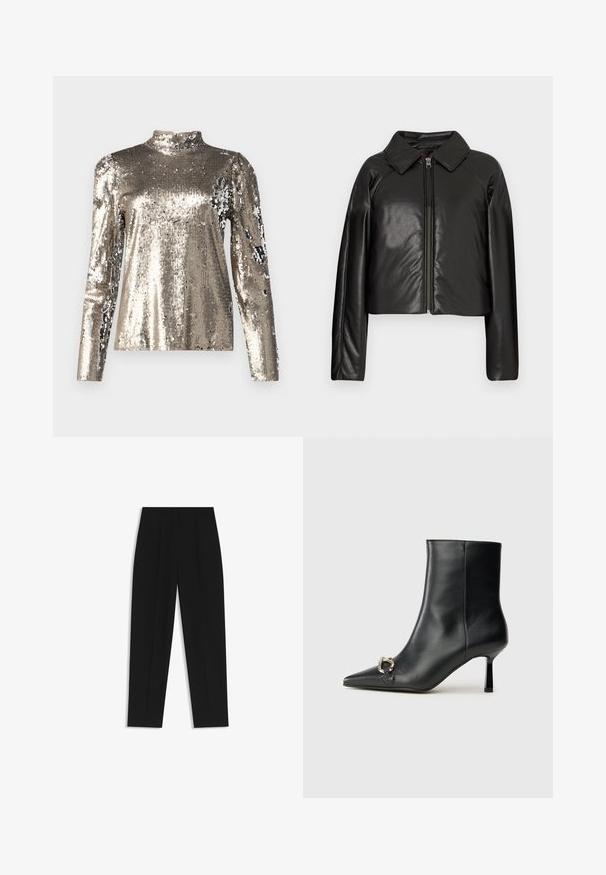 Giacca cropped nera in ecopelle con colletto e chiusura a zip. Caratterizzata da maniche lunghe e una texture liscia e lucida.; Maglia a maniche lunghe e collo alto ricoperta di paillettes argentate. Presenta una texture liscia con una silhouette aderente e dettagli di design con spalle a palloncino.; Pantaloni neri a taglio dritto, con doppie pieghe, una texture liscia e un design classico in vita. Nessun hardware o dettaglio visibile.; Stivale alla caviglia in pelle nera con punta affusolata, tacco sottile di media altezza e dettaglio in fibbia argentata sul lato, su sfondo semplice.
