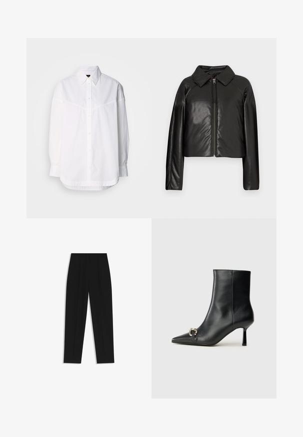 Black faux leather cropped jacket with a collared neckline and zip closure. Features long sleeves and smooth, glossy texture.; White long-sleeve shirt made from cotton, featuring a button-down collar, front buttons, and a relaxed fit with subtle stitching details.; Black trousers with a straight fit, featuring double pleats, a smooth texture, and a classic waistband design. No visible hardware or accents.; Black leather ankle boot with pointed toe, slim mid-height heel, and silver buckle detail on side against plain background.