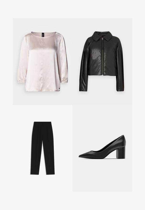 Svart imitationläder kortjacka med krage och dragkedjestängning. Har långa ärmar och en slät, glänsande yta.; Satinblus i ljusrosa med rund halsringning, trekvartsärmar, rynkade ärmslut och en söm i mitten. Litet logotyp vid fållen.; Svarta byxor med rak passform, med dubbla fickor, en slät yta och en klassisk midje-design. Ingen synlig hårdvara eller detaljer.; Svart läderklack med spetsig tå och en kraftig fyrkantig klack. Slät textur, enkel design, passar för formella sammanhang.