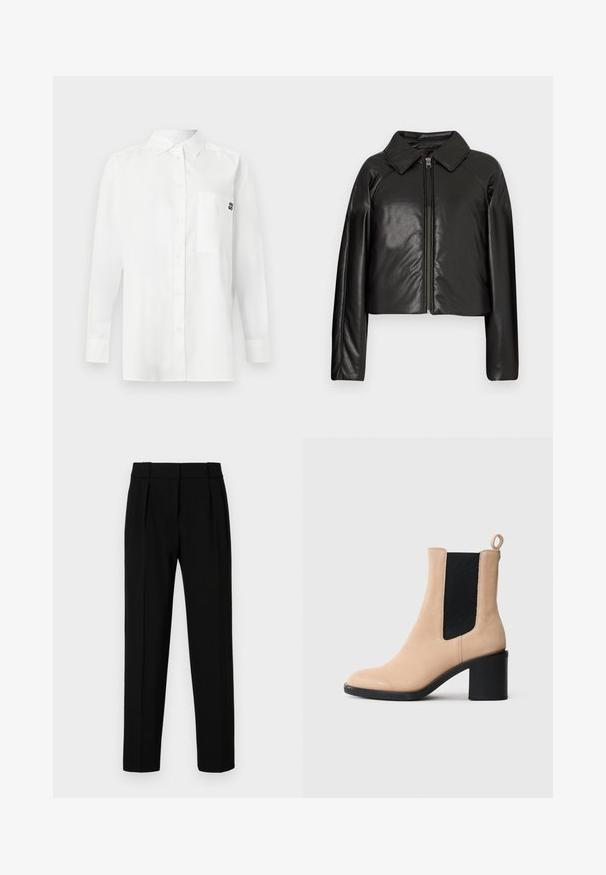 Crna faux kožna skraćena jakna s ovratnikom i zatvaranjem na munju. Ima duge rukave i glatku, sjajnu teksturu.; Bijela košulja dugih rukava od pamučne mješavine, s ovratnikom na dugme, prednjim džepom i malim crnim logom na prsima.; Crne krojene hlače ravnog kroja, s plisiranim prednjim dijelom, poliranim materijalom i srednjim pojasom. Nema vidljivih džepova ili metalnih detalja.; Bež antilop čizmica do gležnja s blok-petom, koja ima crni elastični umetak i petu za povlačenje straga. Glatka tekstura i oblik zaobljenog prsta.