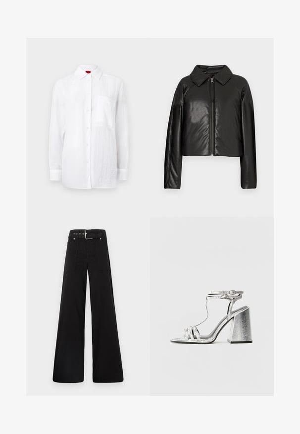Sort kunstlæder cropped jakke med krave og lynlåslukning. Har lange ærmer og en glat, blank tekstur.; Hvid langærmet skjorte lavet af let stof, med knaplukning foran, krave og en lomme på venstre bryst. Subtil tekstureret overflade.; Sorte brede bukser lavet af bomuld, med høj talje, store sidelommer og en bæltestrop med sølvfarvede detaljer.; Sølv hælesandal med blokhæle, der har tynde stropper og en ankel spænde. Materialet har en metallisk finish med en struktureret overflade.