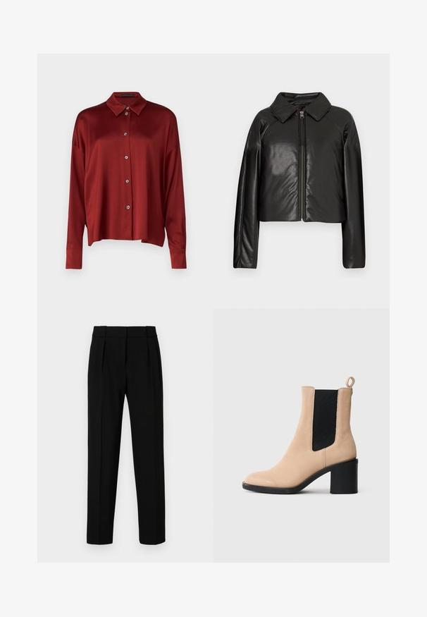 Black faux leather cropped jacket with a collared neckline and zip closure. Features long sleeves and smooth, glossy texture.; DRYKORN CLOELIA - Button-down blouse - red; Black tailored trousers with a straight fit, pleated front, polished fabric, and a medium waistband. No visible pockets or hardware details.; Beige suede ankle boot with a block heel, featuring a black elastic gusset and pull tab at the back. Smooth texture and rounded toe design.
