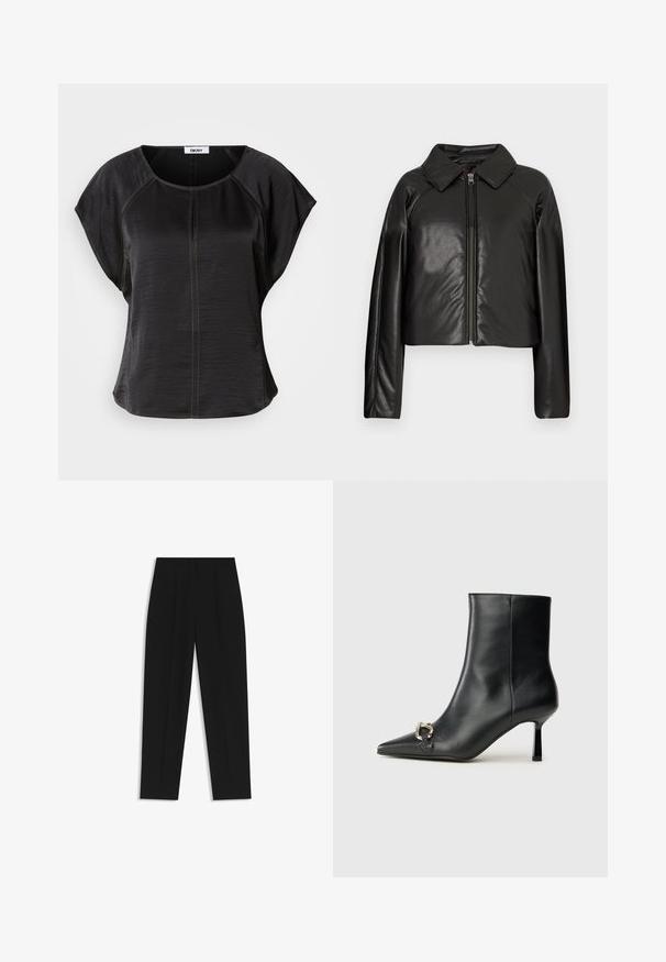 Zwarte faux leren cropped jack met een kraag en ritssluiting. Heeft lange mouwen en een soepele, glanzende textuur.; Zwarte top met korte mouwen en een relaxte pasvorm, met een ronde halslijn en contrasterende tan stiksels aan de voorkant en langs de naden.; Zwarte broeken met een rechte pasvorm, voorzien van dubbele plooien, een zachte textuur en een klassiek taillebandontwerp. Geen zichtbare hardware of accenten.; Zwarte leren enkelboot met spitse neus, slanke middenhoge hak en zilveren gespdetail aan de zijkant op een effen achtergrond.