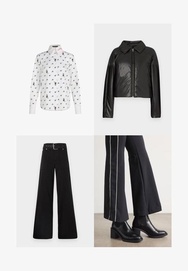 Mustast kunstnahast lühike jakk, millel on kraega kaelus ja tõmblukuga sulgemine. Omab pikki varrukaid ja sujuvat, läikivat tekstuuri.; Valge pika varrukaga särk, millel on korduv mustri kujutis koomiksitegelastest. Tikitud punane logo kaelas. Pehme kangas, vooderdatud lõige.; Mustad laiad mustad püksid, mis on valmistatud puuvillast, kõrge vöökoha, suurte küljetaskute ja kumerate rihmadega, kus on hõbedased detailid.; Mustad nahast pahklu_bootid, millel on ploki konts ja elastsed külgpaneelid. Kombineeritud mustade pükstega, millel on valge küljeriba.