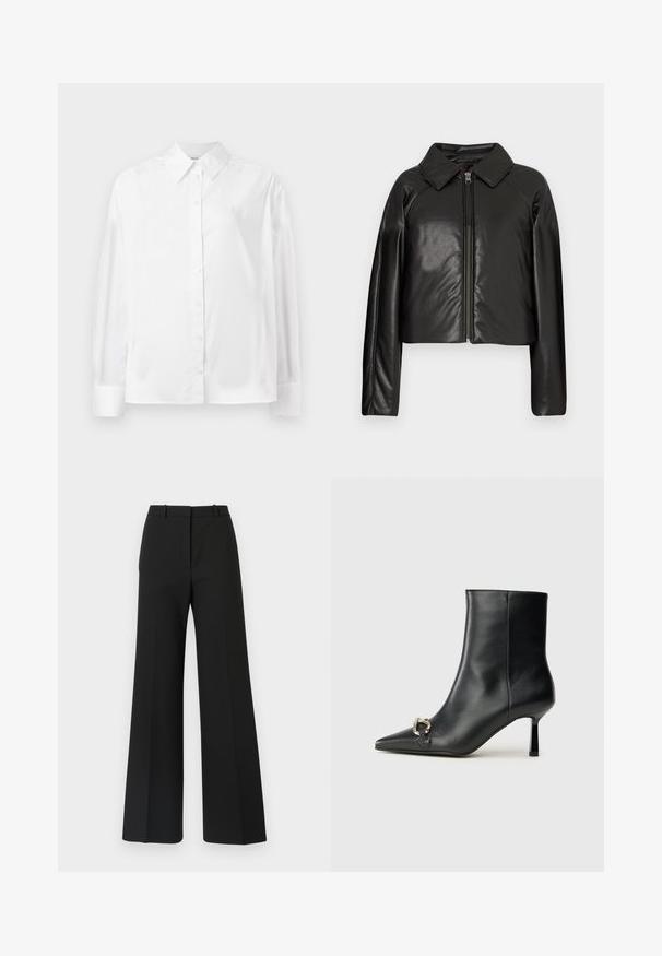 Jaqueta cropped de couro sintético preta com gola e fecho de zíper. Apresenta mangas longas e uma textura lisa e brilhante.; Camisa branca de mangas longas com botões, em um suave misto de algodão. Apresenta um colarinho clássico, fechamento frontal com botões e punhos arredondados.; Calças largas pretas com um design sob medida, apresentando uma textura suave e pregas subtis na frente. Sem detalhes ou padrões visíveis.; Bota preta de couro até ao tornozelo com bico apontado, salto slim de altura média e detalhe em fivela prateada de lado, contra um fundo simples.