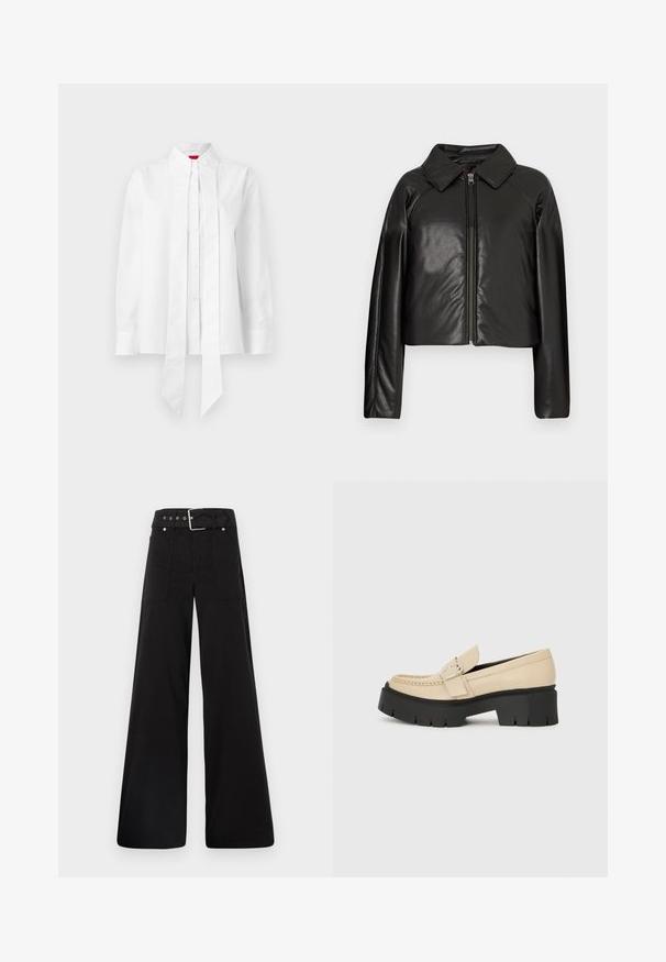 Black faux leather cropped jacket with a collared neckline and zip closure. Features long sleeves and smooth, glossy texture.; White shirt made of cotton blend, featuring a high collar, pleated front, long sleeves, and a tied detail at the hem. Smooth texture.; Black wide-leg trousers made from cotton, featuring a high waist, large side pockets, and a belted waist with silver hardware accents.; Beige leather loafers with black chunky sole, featuring a decorative buckle and stitching detail on the front. Side view.
