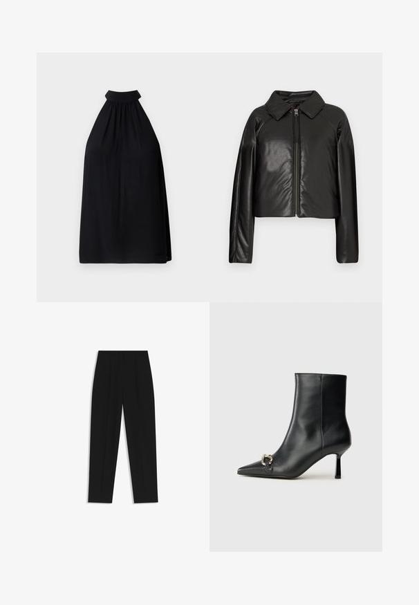 Mustat tekonahkaiset lyhyet takit, joissa on kauluksessa oleva kaulus ja vetoketjukiinnitys. Ominaisuuksiin kuuluu pitkät hihat ja sileä, kiiltävä pinta.; Mustat hihnatoppi, joka on valmistettu kevyestä kankaasta. Ominaisuuksiin kuuluu korkea kaula sekä kerrostettu yksityiskohta, joka luo löysän ja virtaavan siluetin.; Mustat housut suoran istuvuuden kanssa, joissa on kaksinkertaiset laskokset, sileä pinta ja klassinen vyötärönauhan muotoilu. Ei näkyviä metalliosia tai koristeita.; Musta nahkasaapas nilkkapituisilla, terävillä kärjillä, hoikalla keskipituisella korolla ja hopeavöillä sivussa yksinkertaista taustaa vasten.