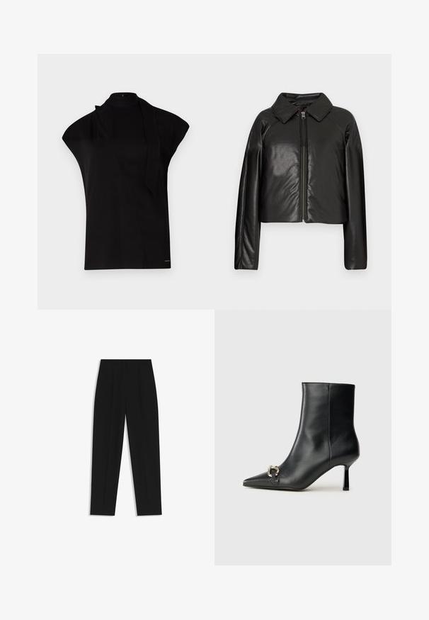 Mustat tekonahkaiset lyhyet takit, joissa on kauluksessa oleva kaulus ja vetoketjukiinnitys. Ominaisuuksiin kuuluu pitkät hihat ja sileä, kiiltävä pinta.; Musta, korkean kaula-aukon paita, jossa on hihat ja epäsymmetrinen muotoilu sekä pitkä kauluskappi. Valmistettu sileästä kankaasta, minimalistinen ilme.; Mustat housut suoran istuvuuden kanssa, joissa on kaksinkertaiset laskokset, sileä pinta ja klassinen vyötärönauhan muotoilu. Ei näkyviä metalliosia tai koristeita.; Musta nahkasaapas nilkkapituisilla, terävillä kärjillä, hoikalla keskipituisella korolla ja hopeavöillä sivussa yksinkertaista taustaa vasten.