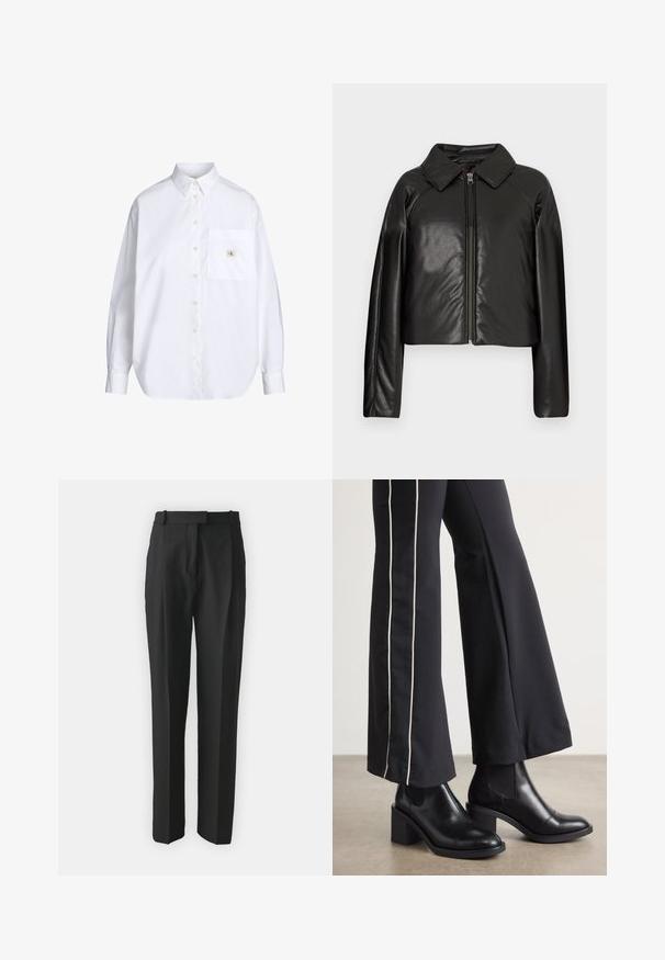Čierna koženková skrátená bunda s golierom a zipsovým uzáverom. Má dlhé rukávy a hladký, lesklý povrch.; Biela košeľa s gombíkmi, klasickým golierom, dlhými rukávmi, prednou vreckom a malou nášivkou CK na vrecku. Hladká bavlnená látka.; Čierne nohavice na mieru vyrobené z ľahkej tkaniny, so strmým strihom, plochým predným dielom a pútkami na opasok. Hladká textúra bez viditeľných vzorov.; Čierne kožené členkové topánky s blokovým podpätkom, vybavené elastickými bočnými panelmi. Skombinované s čiernymi nohavicami, ktoré majú biely bočný pruh.
