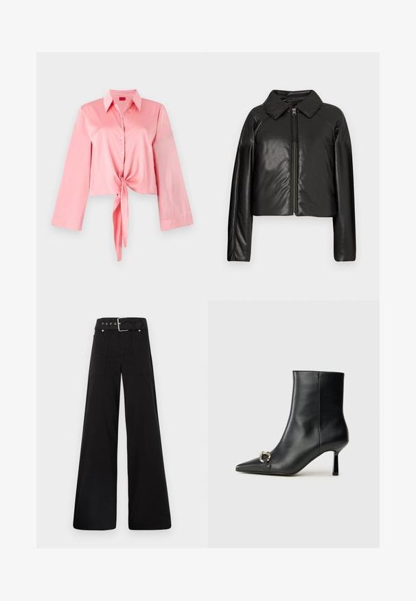Fekete műbőr cropped dzseki galléros nyakkal és cipzárral. Hosszú ujjú, sima és fényes textúrával rendelkezik.; Rózsaszín selyem cropped ing hosszú ujjakkal, gombos elülső résszel és megkötős derékkal. Klasszikus gallérral rendelkezik, amely strukturált megjelenést kölcsönöz.; Fekete, bő szárú nadrág, pamutból készült, magas derékkal, nagy oldalsó zsebekkel és ezüst színű hardverelemekkel ellátott övvel.; Fekete bőr bokacsizma hegyes orral, vékony közép magasságú sarokkal és ezüst csattal az oldalon, sima háttér előtt.