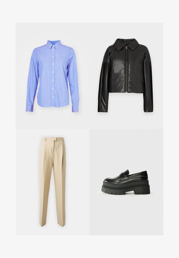 Čierna koženková skrátená bunda s golierom a zipsovým uzáverom. Má dlhé rukávy a hladký, lesklý povrch.; GANT STRIPED - Blúzka so zapínaním na gombíky - hellblau/weiß; Béžové nohavice na mieru so priamym strihom, s plisovaním, pásom a hladkou textúrou. Žiadne viditeľné vrecká ani ozdoby.; Čierne kožené loafers s masívnou platformou. Zaoblená špička, predný šev a jemné švy. Plošná, štruktúrovaná podrážka.