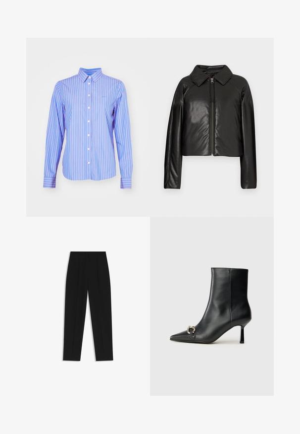 Schwarze Kunstleder-Cropped-Jacke mit Kragen und Reißverschluss. Mit langen Ärmeln und glatter, glänzender Textur.; GANT STRIPED - Hemdbluse - hellblau/weiß; Schwarze Hose mit geradem Schnitt, doppelten Falten, einer glatten Textur und einem klassischen Bunddesign. Keine sichtbaren Beschläge oder Akzente.; Schwarze Leder-Stiefelette mit spitzer Zehe, schlankem, mittelhohem Absatz und silberner Schnalle seitlich vor einem schlichten Hintergrund.