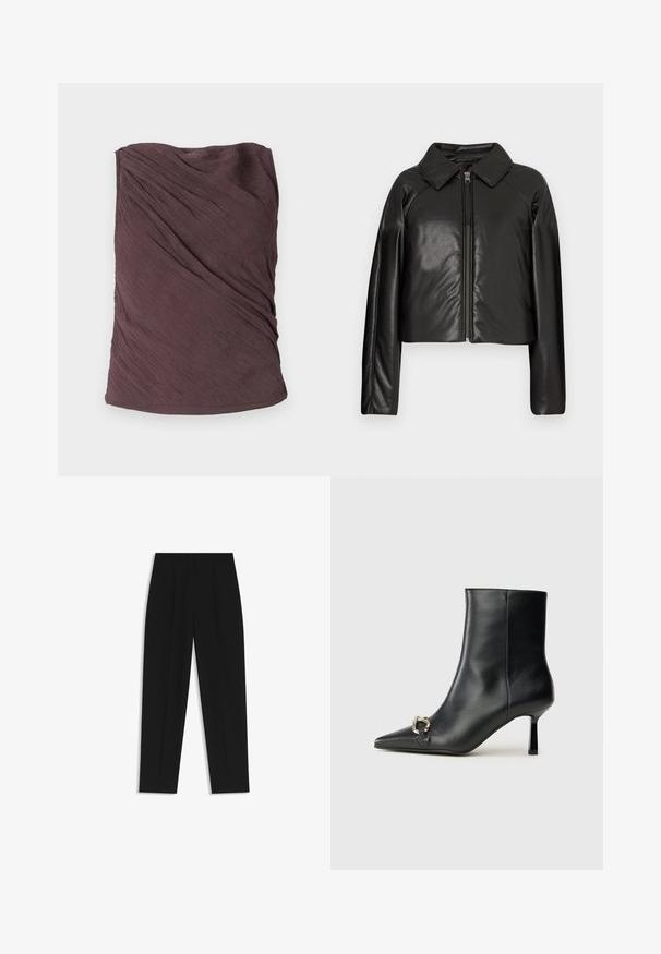Czarna krótka kurtka z sztucznej skóry z kołnierzykiem i zapięciem na zamek. Posiada długie rękawy oraz gładką, błyszczącą fakturę.; Samsøe Samsøe VIRA jagodowy; Czarne spodnie o prostym kroju, z podwójnymi zakładkami, gładką teksturą i klasycznym krojem w talii. Bez widocznych elementów metalowych ani akcentów.; Czarny skórzany botek za kostkę z szpiczastym noskiem, smukłym średnim obcasem i srebrnym zapięciem po boku na jednolitym tle.