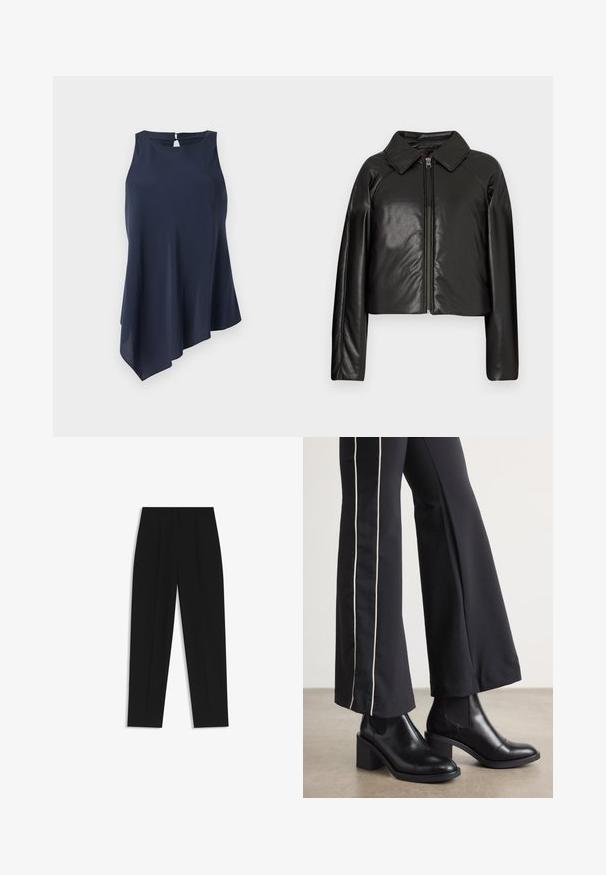 Sort kunstlæder cropped jakke med krave og lynlåslukning. Har lange ærmer og en glat, blank tekstur.; Mørkeblå ærmeløs top med asymmetrisk søm, lavet af blødt stof. Har en nøglehulsåbning bagpå. Enkel, elegant design.; Sorte bukser med lige pasform, der har dobbelte folder, en glat tekstur og et klassisk taljedesign. Ingen synlige hardware eller accenter.; Sorte læder ankelstøvler med blokhæle, udstyret med elastiske sidepaneler. Kombineret med sorte bukser, der har en hvid side stripe.