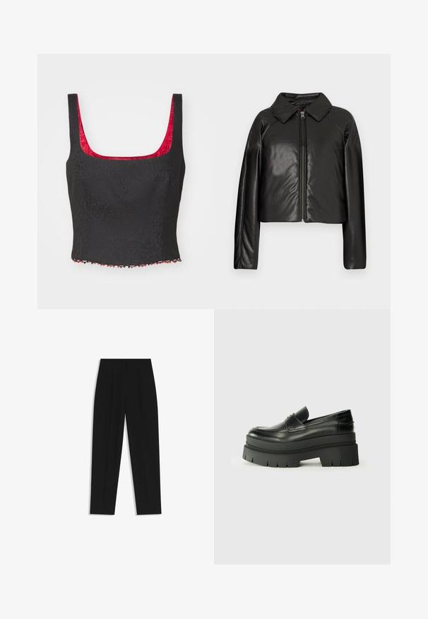 Black faux leather cropped jacket with a collared neckline and zip closure. Features long sleeves and smooth, glossy texture.; Black crop top with a textured pattern, square neckline, and red lining. Features a decorative beaded hem in red and black.; Black trousers with a straight fit, featuring double pleats, a smooth texture, and a classic waistband design. No visible hardware or accents.; Black leather loafers with a chunky platform sole. Rounded toe, front seam detail, and subtle stitching accents. Flat, textured outsole.