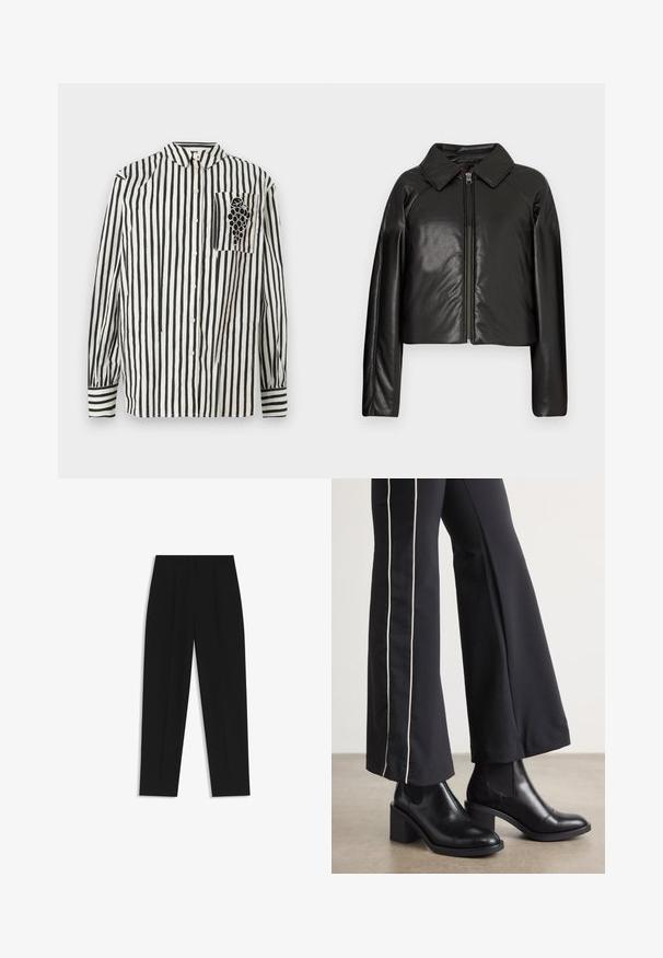 Zwarte faux leren cropped jack met een kraag en ritssluiting. Heeft lange mouwen en een soepele, glanzende textuur.; Zwart-wit gestreept shirt met een button-down kraag, lange mouwen en een linkerkastzak met een druivenontwerp. Van katoen.; Zwarte broeken met een rechte pasvorm, voorzien van dubbele plooien, een zachte textuur en een klassiek taillebandontwerp. Geen zichtbare hardware of accenten.; Zwarte leren enkellaarzen met een blokhak, voorzien van elastische zijpanelen. Gecombineerd met zwarte broeken met een witte zijstreep.