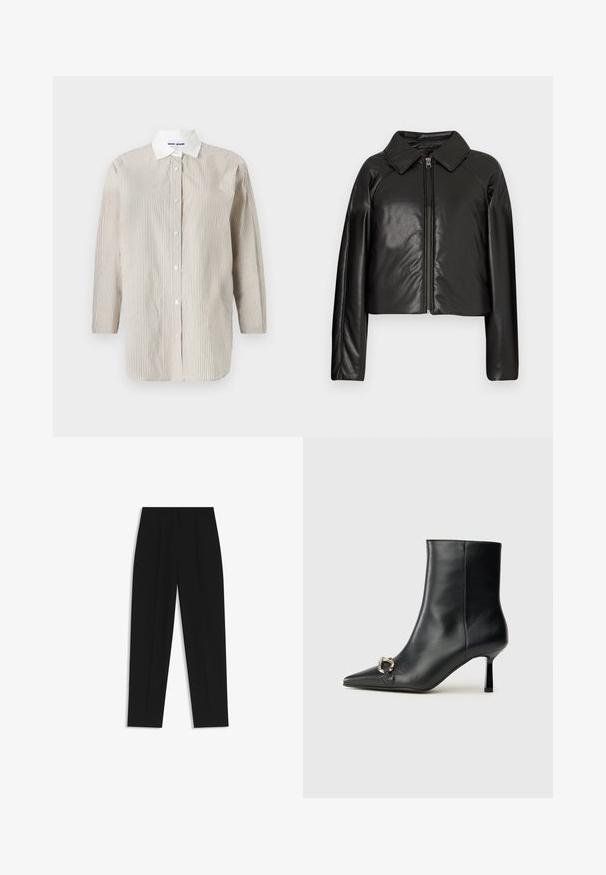 Chaqueta corta de imitación piel negra con cuello con solapa y cierre de cremallera. Presenta mangas largas y una textura suave y brillante.; Camisa de manga larga a rayas hecha de tela ligera, con cuello blanco y cierre de botones en la parte delantera, con rayas verticales en color beige y gris.; Pantalones negros de corte recto, con doble pinza, textura suave y un diseño de cinturilla clásica. Sin hardware o acentos visibles.; Botín negro de cuero hasta el tobillo con punta afilada, tacón delgado de altura media y detalle de hebilla plateada en el lateral, sobre un fondo liso.