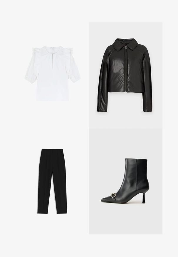 Schwarze Kunstleder-Cropped-Jacke mit Kragen und Reißverschluss. Mit langen Ärmeln und glatter, glänzender Textur.; Weißes Blusenshirt mit kurzen Puffärmeln, das über Rüschendetails und einen subtilen Schlüsselloch-Ausschnitt verfügt. Glatte Stoffoberfläche mit einheitlicher Textur.; Schwarze Hose mit geradem Schnitt, doppelten Falten, einer glatten Textur und einem klassischen Bunddesign. Keine sichtbaren Beschläge oder Akzente.; Schwarze Leder-Stiefelette mit spitzer Zehe, schlankem, mittelhohem Absatz und silberner Schnalle seitlich vor einem schlichten Hintergrund.