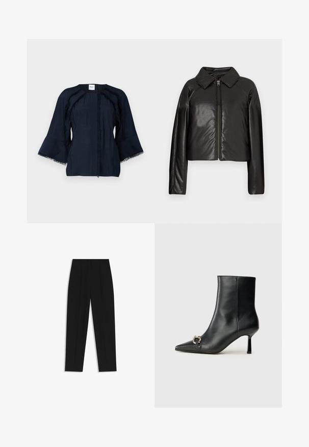 Giacca cropped nera in ecopelle con colletto e chiusura a zip. Caratterizzata da maniche lunghe e una texture liscia e lucida.; Top blu navy con maniche a tre quarti a campana, caratterizzato da dettagli in frange lungo le cuciture e un collo rotondo. Tessuto leggero con una sottile texture.; Pantaloni neri a taglio dritto, con doppie pieghe, una texture liscia e un design classico in vita. Nessun hardware o dettaglio visibile.; Stivale alla caviglia in pelle nera con punta affusolata, tacco sottile di media altezza e dettaglio in fibbia argentata sul lato, su sfondo semplice.