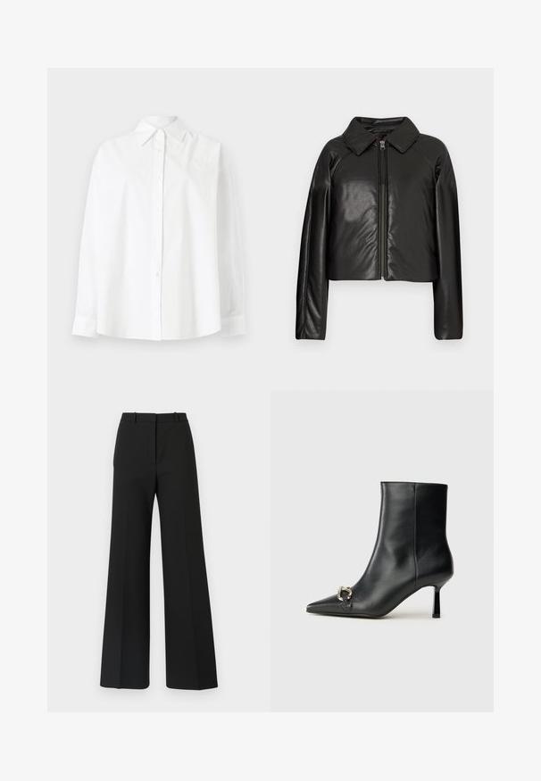 Black faux leather cropped jacket with a collared neckline and zip closure. Features long sleeves and smooth, glossy texture.; White button-up shirt made of cotton, featuring a classic collar, long sleeves, and subtle heart embroidery on the upper left side.; Black wide-leg trousers with a tailored design, featuring a smooth texture and subtle pleats at the front. No visible hardware or patterns.; Black leather ankle boot with pointed toe, slim mid-height heel, and silver buckle detail on side against plain background.