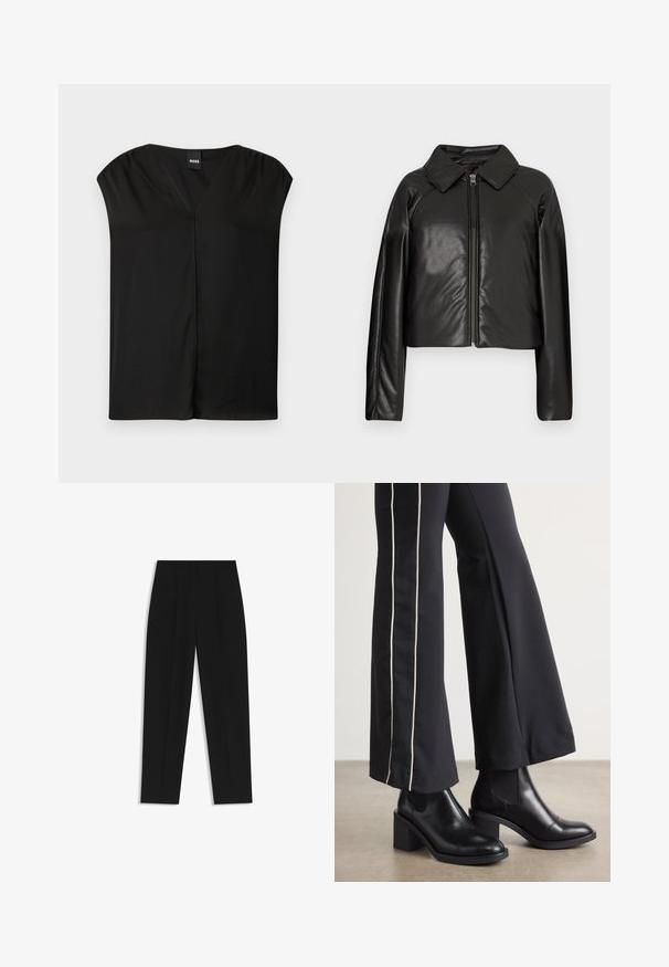 Giacca cropped nera in ecopelle con colletto e chiusura a zip. Caratterizzata da maniche lunghe e una texture liscia e lucida.; Blusa nera con scollo a V, maniche corte a cappuccio e vestibilità ampia. Tessuto liscio con dettagli di cucitura minimi e senza motivi visibili.; Pantaloni neri a taglio dritto, con doppie pieghe, una texture liscia e un design classico in vita. Nessun hardware o dettaglio visibile.; Stivaletti in pelle nera con tacco a blocco, dotati di pannelli elastici sui lati. Abbinati a pantaloni neri con una striscia bianca laterale.