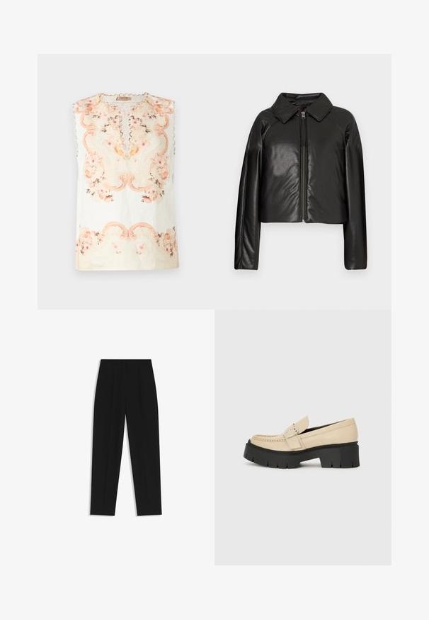 Sort kunstlæder cropped jakke med krave og lynlåslukning. Har lange ærmer og en glat, blank tekstur.; Ermeløs blomstret top i let stof. Har bløde pink og beige blomstermønstre, rund halsudskæring og scalloperet trim langs skuldrene.; Sorte bukser med lige pasform, der har dobbelte folder, en glat tekstur og et klassisk taljedesign. Ingen synlige hardware eller accenter.; Beige læder loafers med sort chunky sål, der har en dekorativ spænde og syninger foran. Sidevisning.