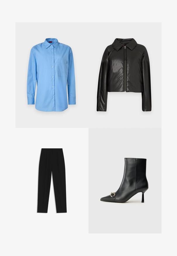 Mustat tekonahkaiset lyhyet takit, joissa on kauluksessa oleva kaulus ja vetoketjukiinnitys. Ominaisuuksiin kuuluu pitkät hihat ja sileä, kiiltävä pinta.; Vaaleansininen nappikauluspaita puuvillakankaasta, jossa on klassinen kaulus, pitkät hihat ja rintatasku, jossa on logoyksityiskohta.; Mustat housut suoran istuvuuden kanssa, joissa on kaksinkertaiset laskokset, sileä pinta ja klassinen vyötärönauhan muotoilu. Ei näkyviä metalliosia tai koristeita.; Musta nahkasaapas nilkkapituisilla, terävillä kärjillä, hoikalla keskipituisella korolla ja hopeavöillä sivussa yksinkertaista taustaa vasten.