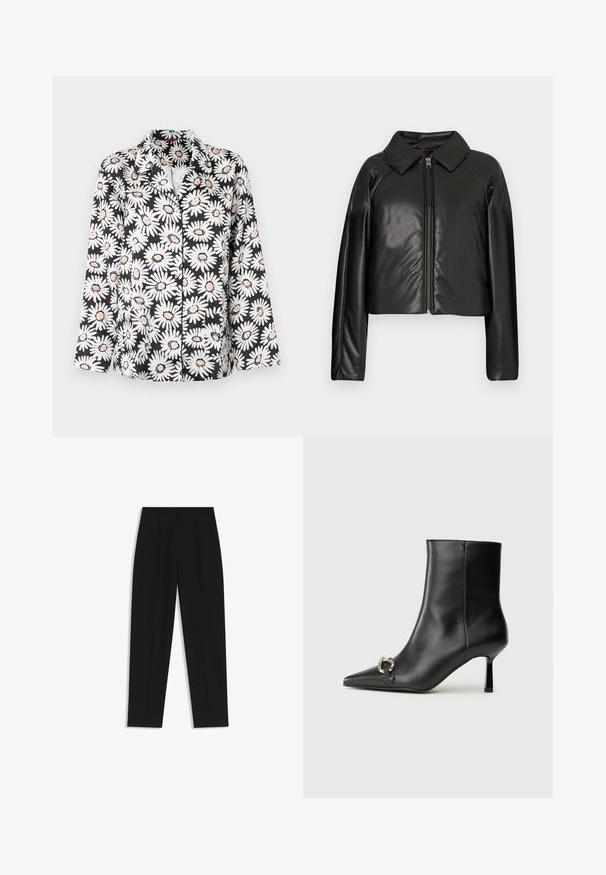 Black faux leather cropped jacket with a collared neckline and zip closure. Features long sleeves and smooth, glossy texture.; Black button-up shirt with large white daisies and orange centers. Features a classic collar and long sleeves with a relaxed fit.; Black trousers with a straight fit, featuring double pleats, a smooth texture, and a classic waistband design. No visible hardware or accents.; Black leather ankle boot with pointed toe, slim mid-height heel, and silver buckle detail on side against plain background.