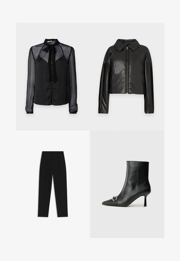 Mustat tekonahkaiset lyhyet takit, joissa on kauluksessa oleva kaulus ja vetoketjukiinnitys. Ominaisuuksiin kuuluu pitkät hihat ja sileä, kiiltävä pinta.; Mustan pitkähihainen paita, joka on valmistettu läpinäkyvästä kankaasta. Siinä on nappikiinnitys edessä, kaulus, jossa on sidottava yksityiskohta, ja tekstuuriset hihat.; Mustat housut suoran istuvuuden kanssa, joissa on kaksinkertaiset laskokset, sileä pinta ja klassinen vyötärönauhan muotoilu. Ei näkyviä metalliosia tai koristeita.; Musta nahkasaapas nilkkapituisilla, terävillä kärjillä, hoikalla keskipituisella korolla ja hopeavöillä sivussa yksinkertaista taustaa vasten.