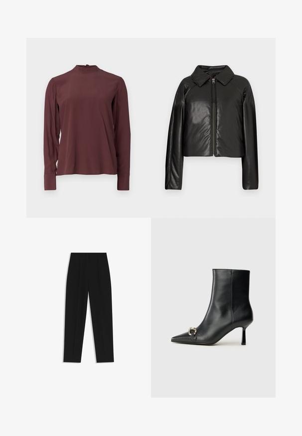 Black faux leather cropped jacket with a collared neckline and zip closure. Features long sleeves and smooth, glossy texture.; Burgundy long-sleeve blouse with a high neckline, subtle sheen, and button closure at the back. Smooth fabric and fitted sleeves.; Black trousers with a straight fit, featuring double pleats, a smooth texture, and a classic waistband design. No visible hardware or accents.; Black leather ankle boot with pointed toe, slim mid-height heel, and silver buckle detail on side against plain background.