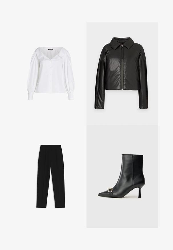 Giacca cropped nera in ecopelle con colletto e chiusura a zip. Caratterizzata da maniche lunghe e una texture liscia e lucida.; Camicia bianca con colletto ampio, maniche lunghe puffate e vita aderente. Tessuto di cotone liscio con una leggera lucentezza.; Pantaloni neri a taglio dritto, con doppie pieghe, una texture liscia e un design classico in vita. Nessun hardware o dettaglio visibile.; Stivale alla caviglia in pelle nera con punta affusolata, tacco sottile di media altezza e dettaglio in fibbia argentata sul lato, su sfondo semplice.