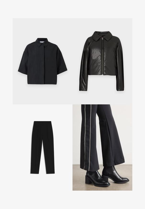 Giacca cropped nera in ecopelle con colletto e chiusura a zip. Caratterizzata da maniche lunghe e una texture liscia e lucida.; Camicia a maniche corte con colletto di colore nero solido. Realizzata in tessuto leggero con una vestibilità comoda. Presenta una chiusura frontale con bottoni e cuciture minime.; Pantaloni neri a taglio dritto, con doppie pieghe, una texture liscia e un design classico in vita. Nessun hardware o dettaglio visibile.; Stivaletti in pelle nera con tacco a blocco, dotati di pannelli elastici sui lati. Abbinati a pantaloni neri con una striscia bianca laterale.