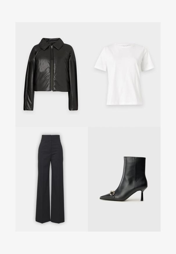 Fekete műbőr cropped dzseki galléros nyakkal és cipzárral. Hosszú ujjú, sima és fényes textúrával rendelkezik.; Fehér pamut póló rövid ujjakkal, kerek nyakkivágással és laza szabással. Sima textúra, nincsenek minták vagy díszítések, minimalista dizájn.; Fekete anyagból készült, széles lábú nadrág, magas derékkal, letisztult kivitelben és sima textúrával. Nincs látható hardver vagy minta.; Fekete bőr bokacsizma hegyes orral, vékony közép magasságú sarokkal és ezüst csattal az oldalon, sima háttér előtt.