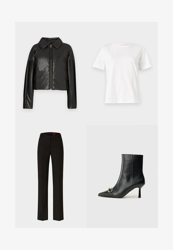 Black faux leather cropped jacket with a collared neckline and zip closure. Features long sleeves and smooth, glossy texture.; White cotton t-shirt with short sleeves, round neckline, and a relaxed fit. Smooth texture, no patterns or accents, minimalistic design.; Black tailored trousers with a straight leg and belt loops, featuring a subtle crease down the front and a label visible inside the waistband.; Black leather ankle boot with pointed toe, slim mid-height heel, and silver buckle detail on side against plain background.