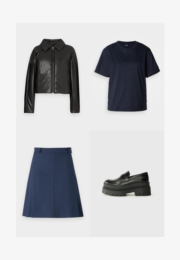 Black faux leather cropped jacket with a collared neckline and zip closure. Features long sleeves and smooth, glossy texture.; Navy blue short-sleeve t-shirt made of soft cotton. Features a rounded neckline and a subtle embroidered logo on the chest.; Navy blue A-line skirt made of smooth fabric, featuring two decorative buttons at the waist and subtle side seam details.; Black leather loafers with a chunky platform sole. Rounded toe, front seam detail, and subtle stitching accents. Flat, textured outsole.