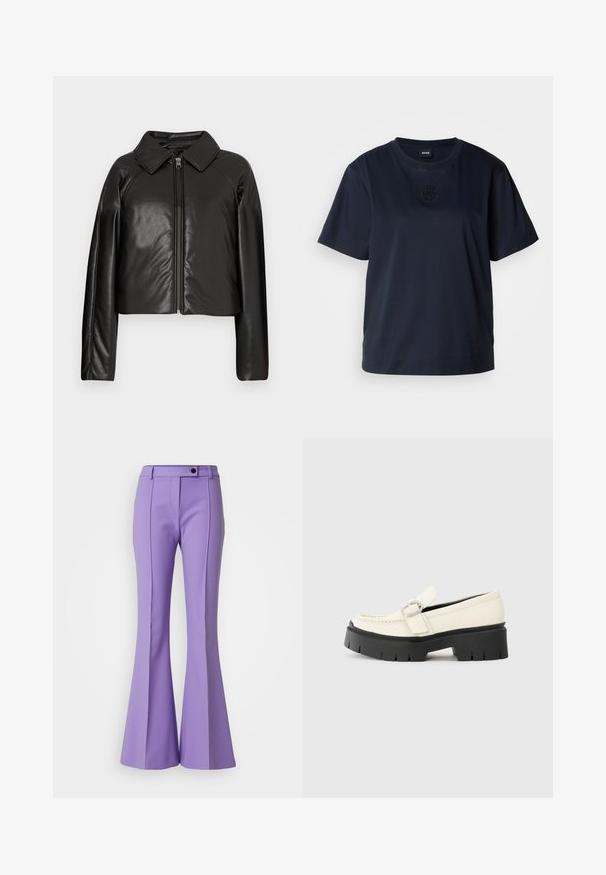 Fekete műbőr cropped dzseki galléros nyakkal és cipzárral. Hosszú ujjú, sima és fényes textúrával rendelkezik.; Sötétkék, rövid ujjú póló, puha pamutból készült. Kerek nyakkivágással és egy diszkrét hímzett logóval rendelkezik a mellrészen.; HUGO Nadrágok - open purple; Fehér bőr lófarok, vastag fekete platform talppal, téglalap alakú ezüst csattal és látható varrás részletekkel a felső részen.