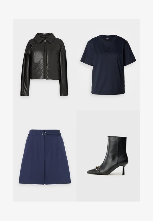 Juodas dirbtinės odos trumpas švarkas su koloratu ir užtrauktuku. Turi ilgomis rankovėmis ir lygią, blizgią tekstūrą.; Tamsiai mėlyna trumpomis rankovėmis marškinėliai, pagaminti iš minkštos medvilnės. Savyje turi apvalų kaklą ir subtilų išsiuvinėtą logotipą ant krūtinės.; Tamsiai mėlynos pritaikytos šortai su diržu, su diržo kilpa, raukšlėmis ir lygia audinio tekstūra. Standartinis tiesus kirpimas.; Juodas odinis apavas iki kulkšnies su smailiu nosiu, plonu vidutinio aukščio kulnu ir sidabriniu sagties akcentu šone, prieš paprastą foną.