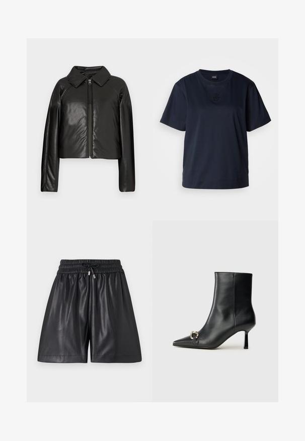 Jaqueta cropped de couro sintético preta com gola e fecho de zíper. Apresenta mangas longas e uma textura lisa e brilhante.; T-shirt de manga curta azul marinho feita de algodão macio. Apresenta um decote redondo e um logo bordado discreto no peito.; Calças de pele preta com uma cintura elástica e cordão. Apresentam uma textura suave e um ajuste descontraído, terminando acima do joelho.; Bota preta de couro até ao tornozelo com bico apontado, salto slim de altura média e detalhe em fivela prateada de lado, contra um fundo simples.