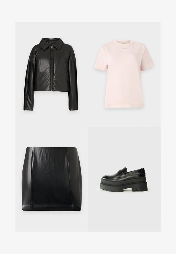 Čierna koženková skrátená bunda s golierom a zipsovým uzáverom. Má dlhé rukávy a hladký, lesklý povrch.; Svetloružové bavlnené tričko s okrúhlym výstrihom, krátkymi rukávmi a malým logom "Calvin Klein" natlačeným v zodpovedajúcej farbe na hrudi.; Čierna mini sukňa z faux kože s predným panelovým švom a miernym leskom, položená na neutrálnej pozadí.; Čierne kožené loafers s masívnou platformou. Zaoblená špička, predný šev a jemné švy. Plošná, štruktúrovaná podrážka.