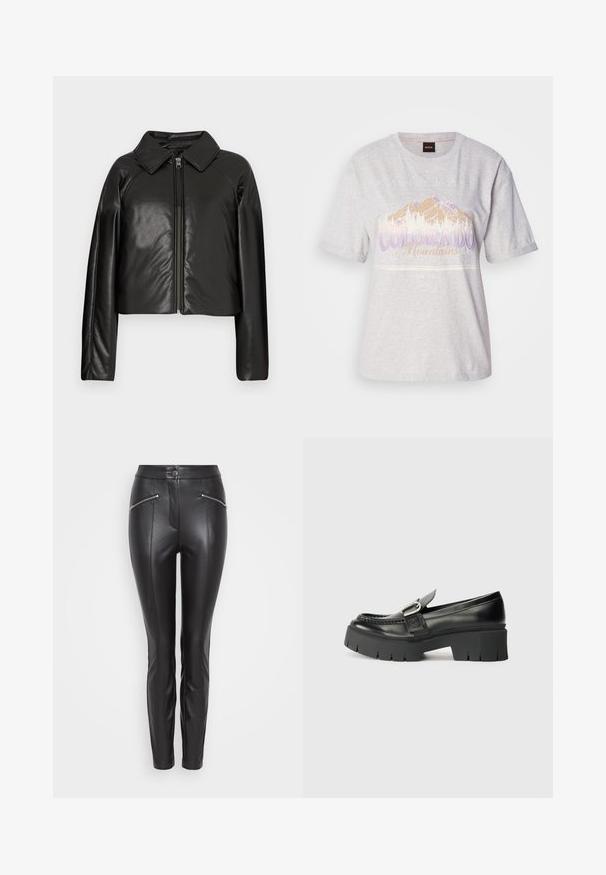 Juodas dirbtinės odos trumpas švarkas su koloratu ir užtrauktuku. Turi ilgomis rankovėmis ir lygią, blizgią tekstūrą.; Šviesiai pilkas medvilnės marškinėliai trumpomis rankovėmis, su kalnų grafika ir tekstu purpurinės ir smėlio spalvos. Apvalus iškirpimas, laisvas siluetas.; Juodos odinės kelnės, prisitaikančios prie kūno, su vertikaliomis siūlėmis, užtrauktuku užsegamomis kišenėmis abiejose pusėse ir sagos užsegimu juosmens srityje.; Juodi odiniai loafersai su storu guminiu padu. Yra sagties akcentas ir siuvinėjimo detalės viršuje. Lygus kulnas.